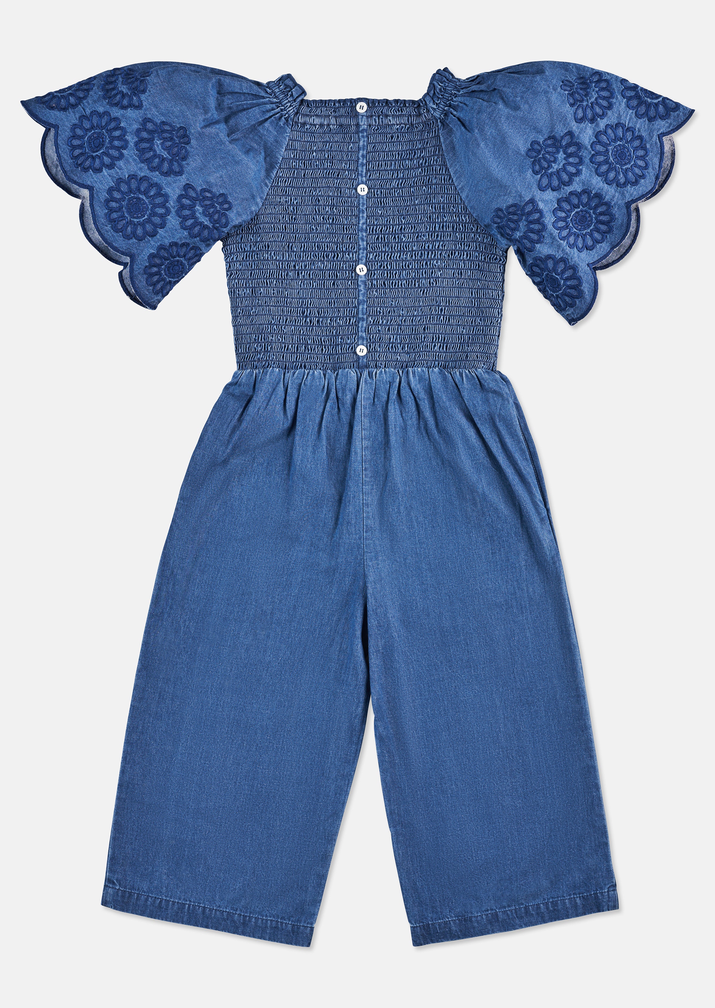 Girls Blue Denim Jumpsuit with Embroidered Sleeves