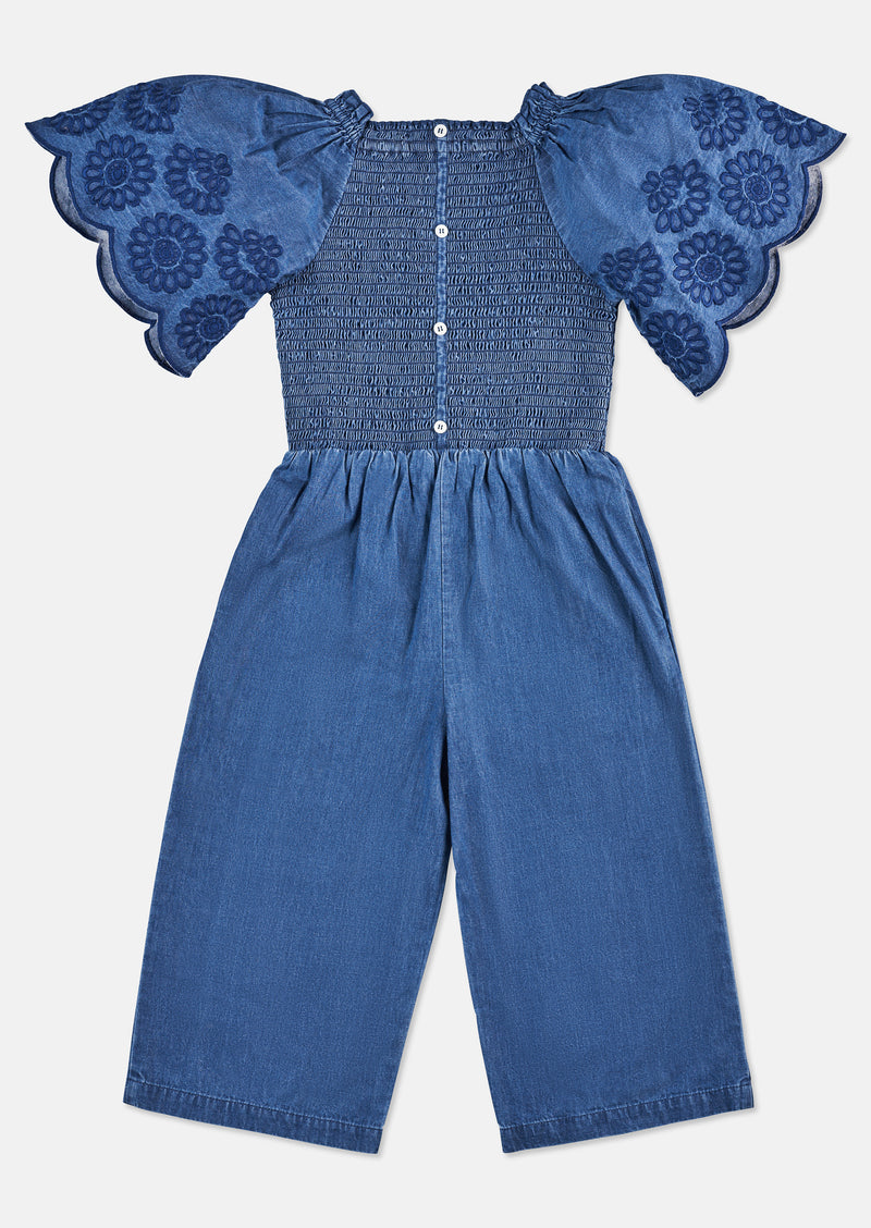 Girls Blue Denim Jumpsuit with Embroidered Sleeve