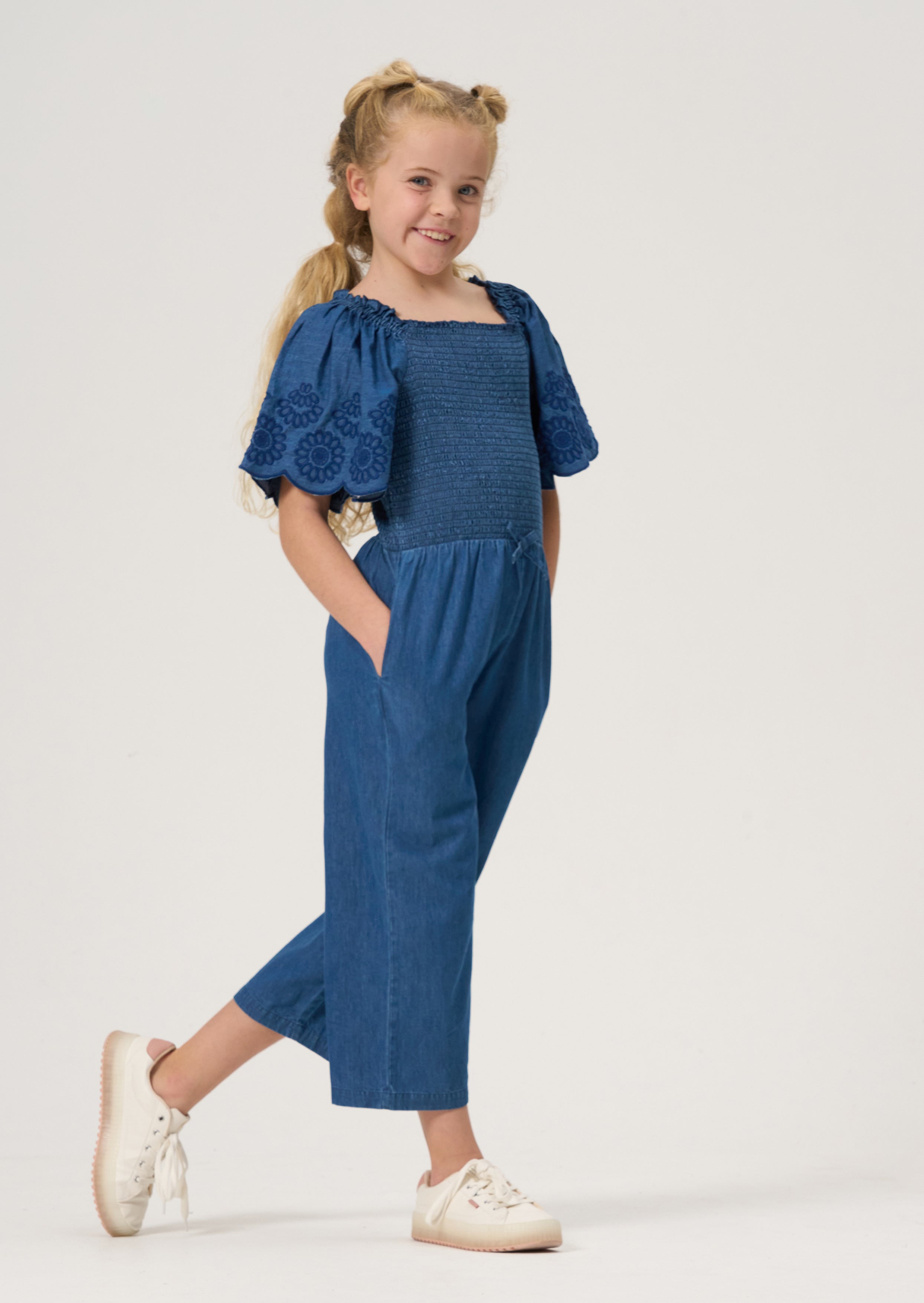 Girls Blue Denim Jumpsuit with Embroidered Sleeves