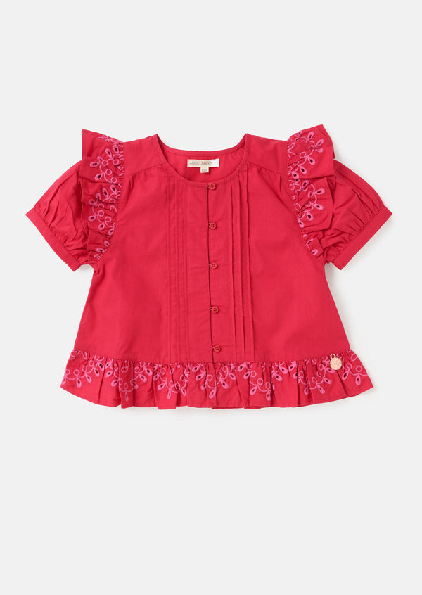 Girls Floral Embroidered Cotton Pink Top with Puff Sleeves