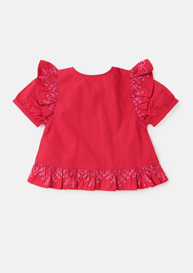 Girls Floral Embroidered Cotton Pink Top with Puff Sleeves