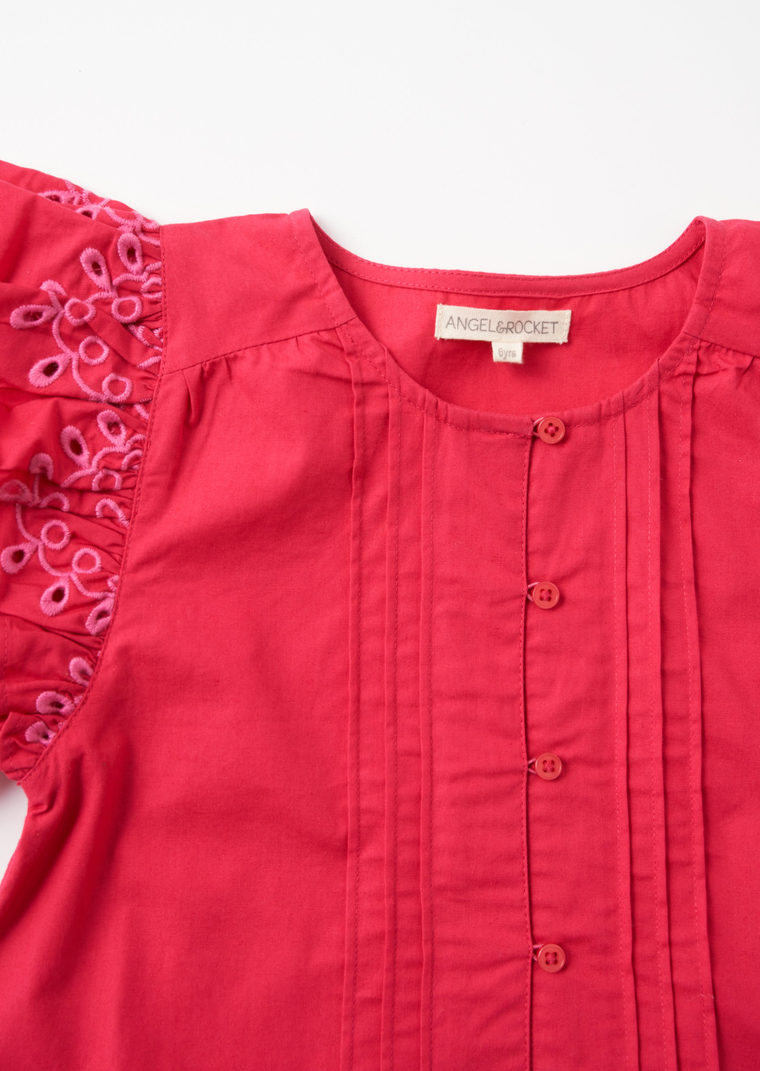 Girls Floral Embroidered Cotton Pink Top with Puff Sleeves