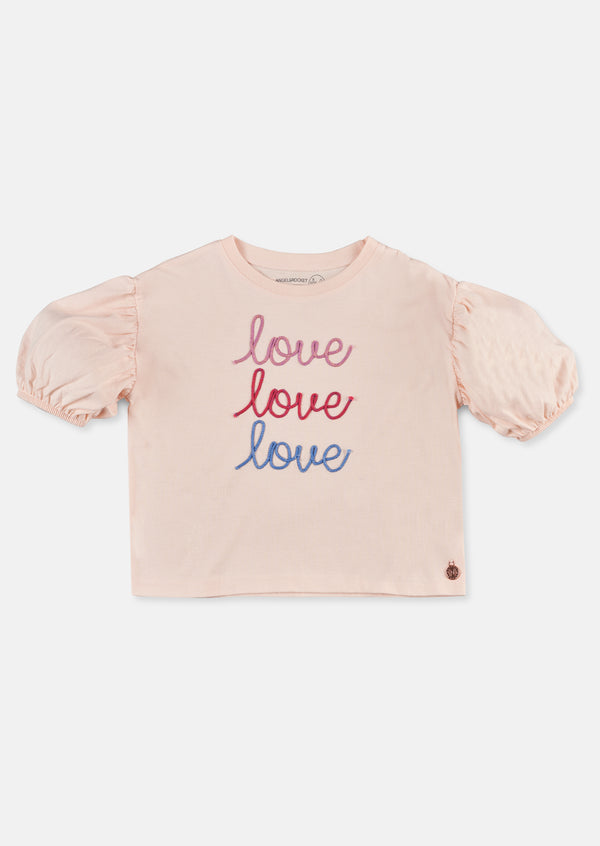 Girls Cotton Pink T-Shirt with Balloon Sleeve