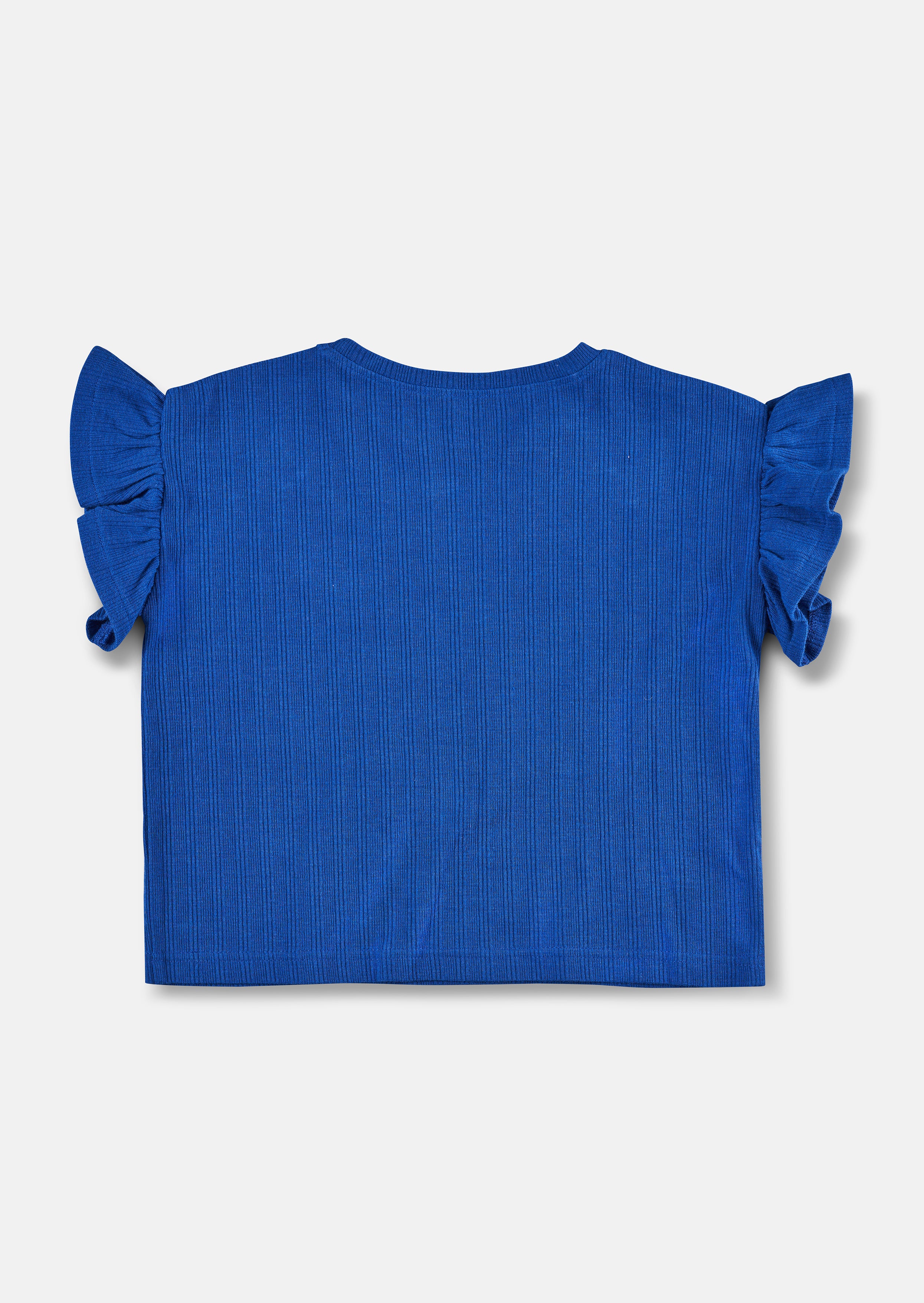Girls Solid Blue Cotton Top with Frill Sleeves
