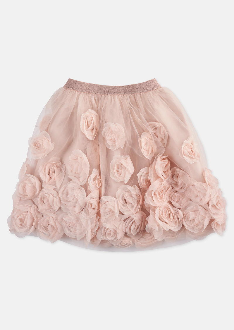 Girls Pink Ruffle Rose Embroidered Mesh Skirt