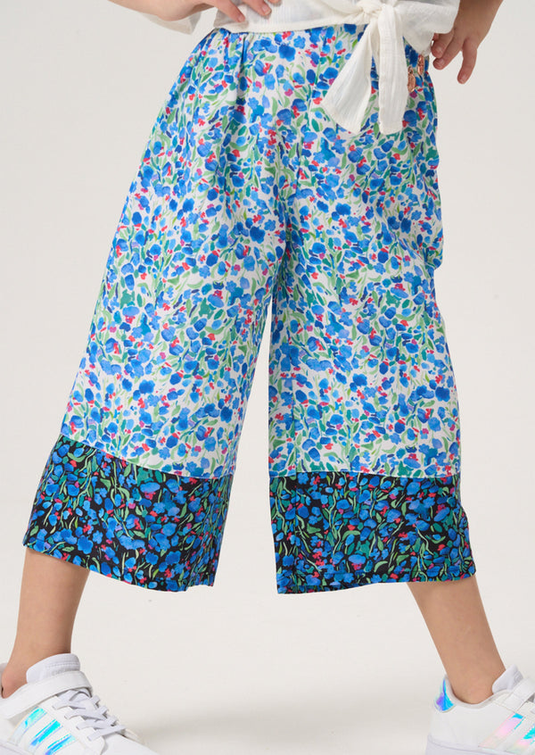 Girls Floral Printed Blue Culottes