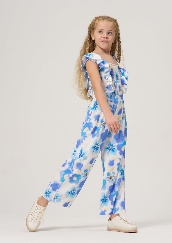 Girls Blue Floral Printed Jumpsuit