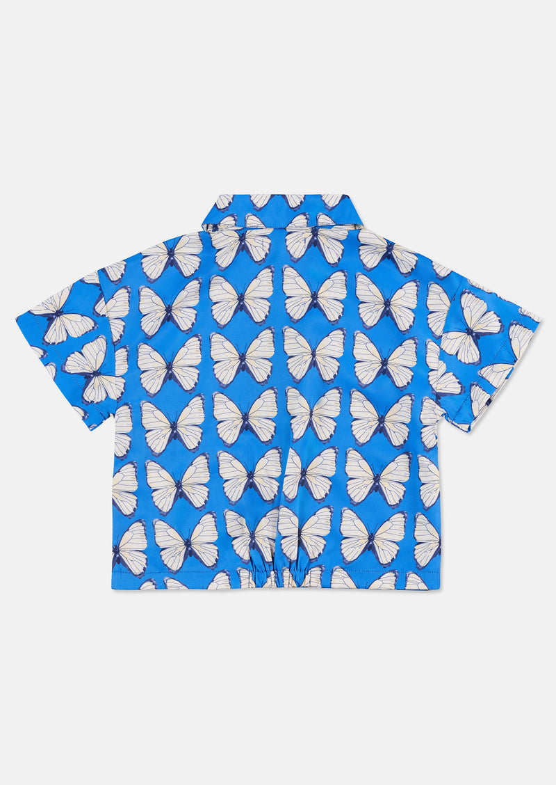 Girls Butterfly Printed Woven Blue Top with Pocket