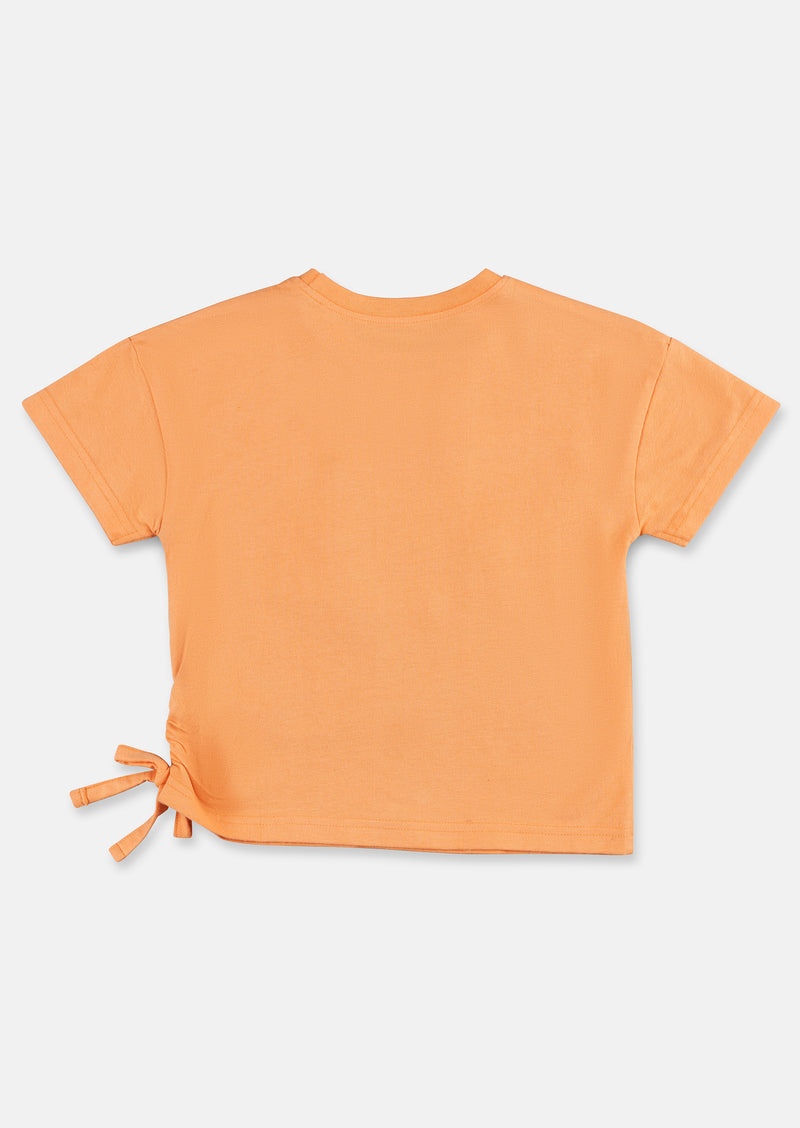 Girls Floral Printed Cotton Orange T-Shirt