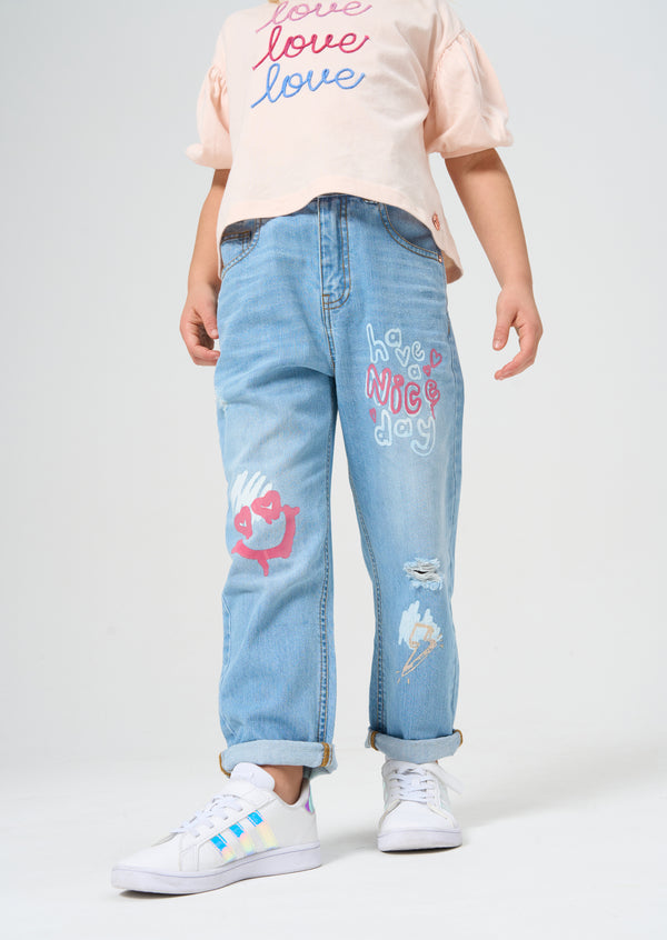 Girls Graffiti Printed Blue Denim Jeans