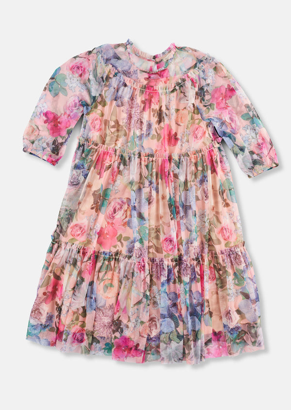 Girls Pink Floral Printed Mesh Dress with Puff Sleeves