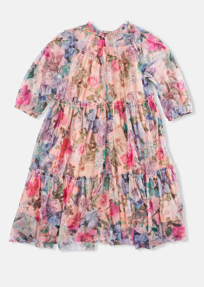 Girls Pink Floral Printed Mesh Dress with Puff Sleeves