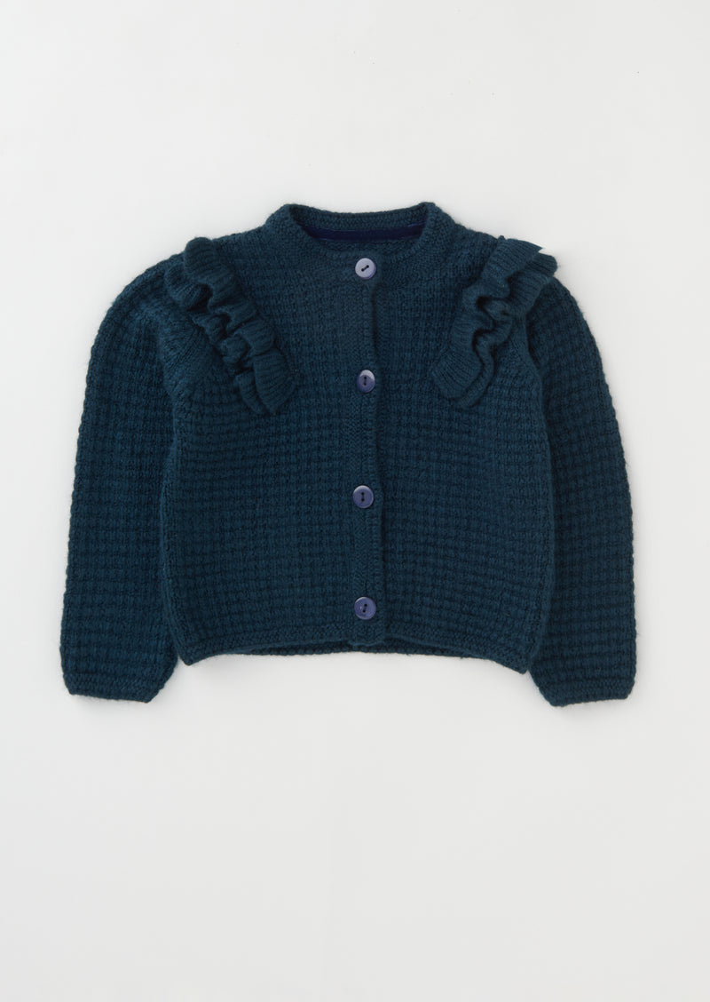 Girls Solid Navy Sweater with Frill Shoulder