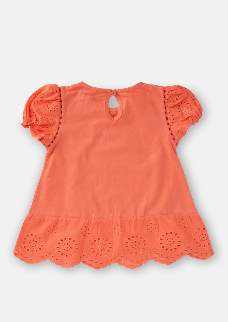 Baby Girl Embroidered Orange Cotton Top with Puff Sleeves