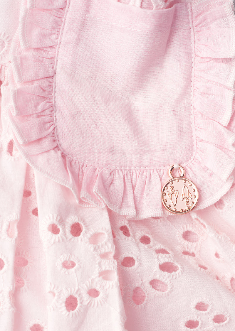 Girls Floral Embroidered Cotton Pink Dress with Pocket