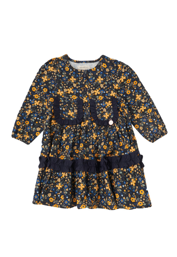 Baby Girl Floral Printed Navy Dress with Pocket