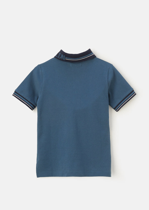 Boys Solid Blue Polo Collar Cotton T-Shirt