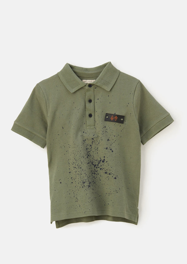 Boys Paint Splat Printed Cotton Green Polo T-Shirt