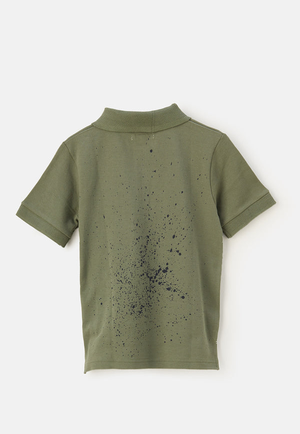 Boys Paint Splat Printed Cotton Green Polo T-Shirt