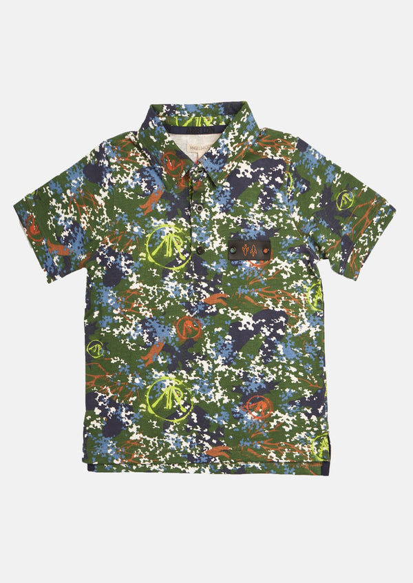 Boys Polo Collar Cotton T-Shirt with Camo Print