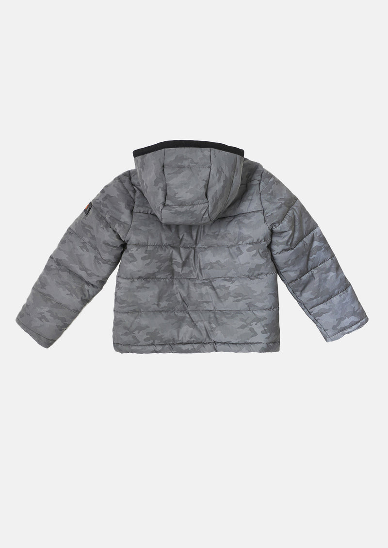 Boys Camo Printed Grey Puffa Jacket with Zipper