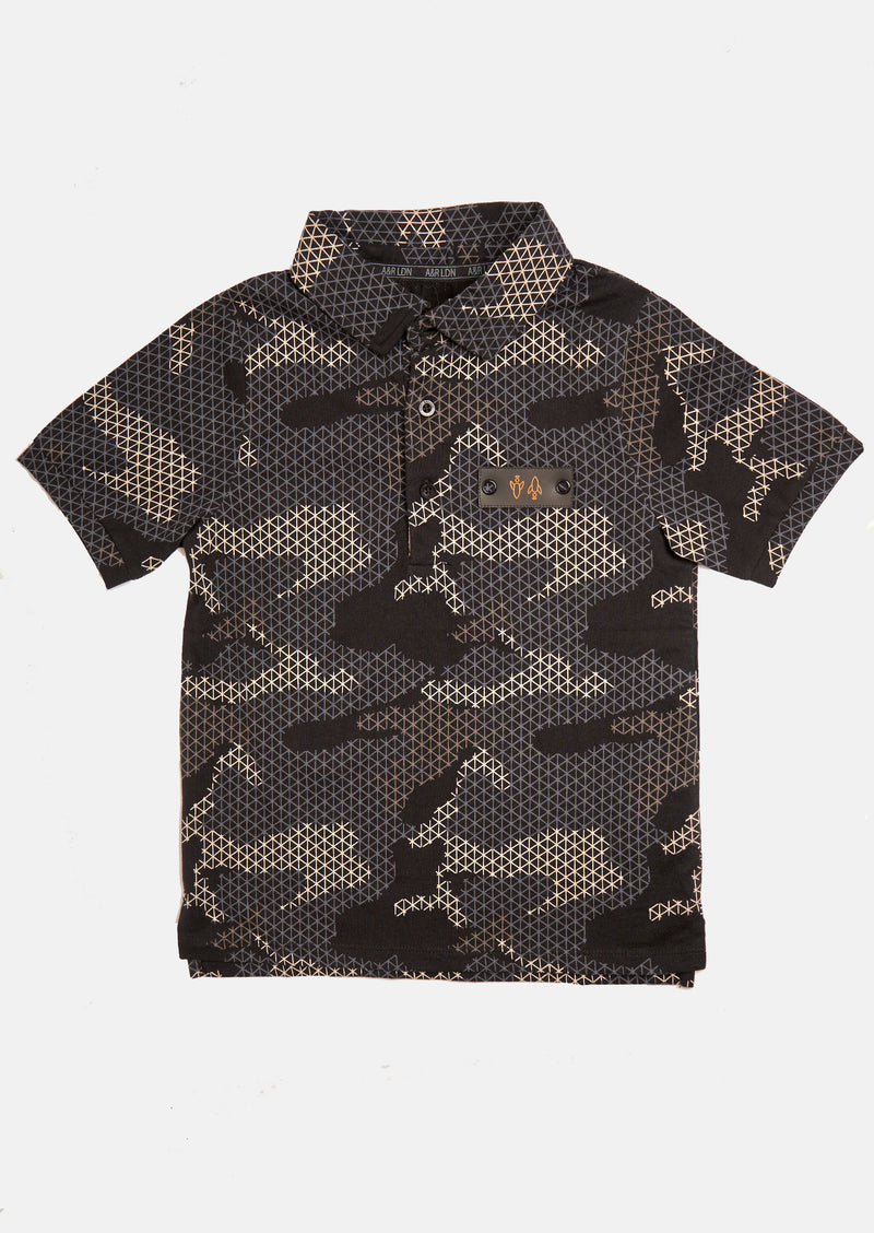 Boys Digital Camo Printed Polo Collar Black T-Shirt