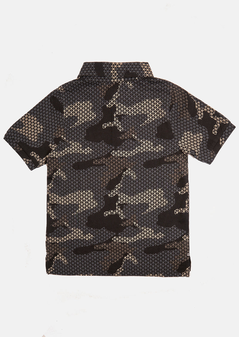 Boys Digital Camo Printed Polo Collar Black T-Shirt