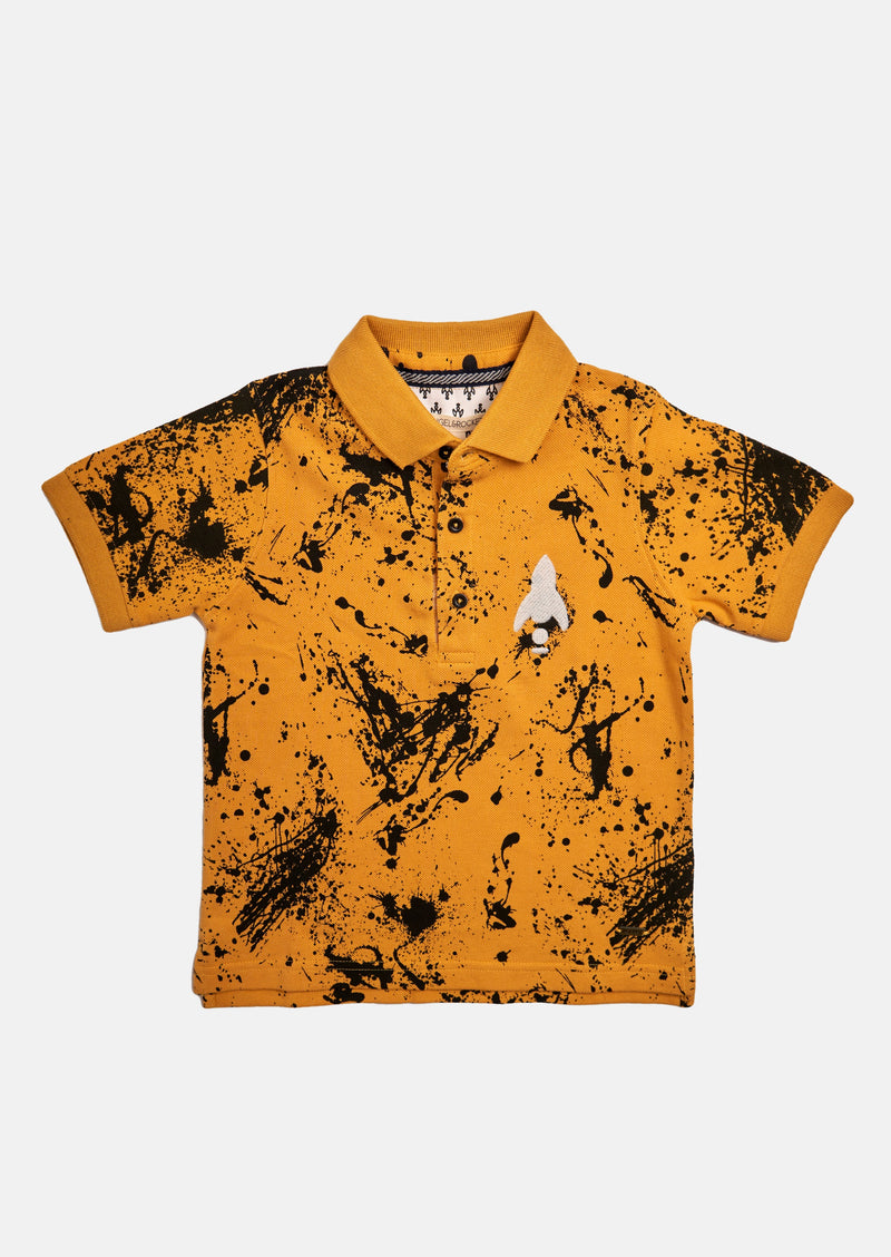 Boys Paint Splat Printed Polo Collar Mustard T-Shirt