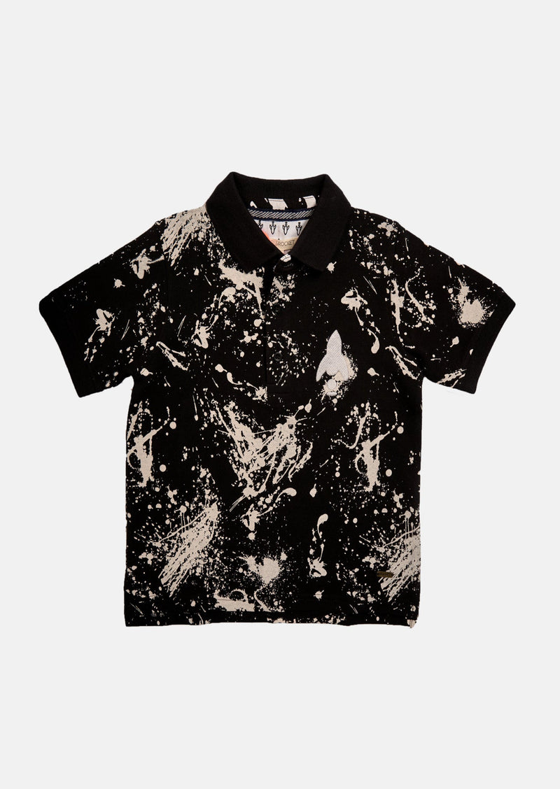Boys Paint Splat Printed Polo Collar Black T-Shirt