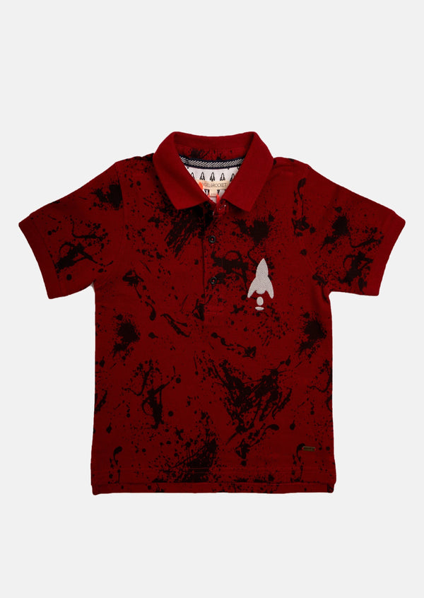 Boys Paint Splat Printed Polo Collar Red T-Shirt