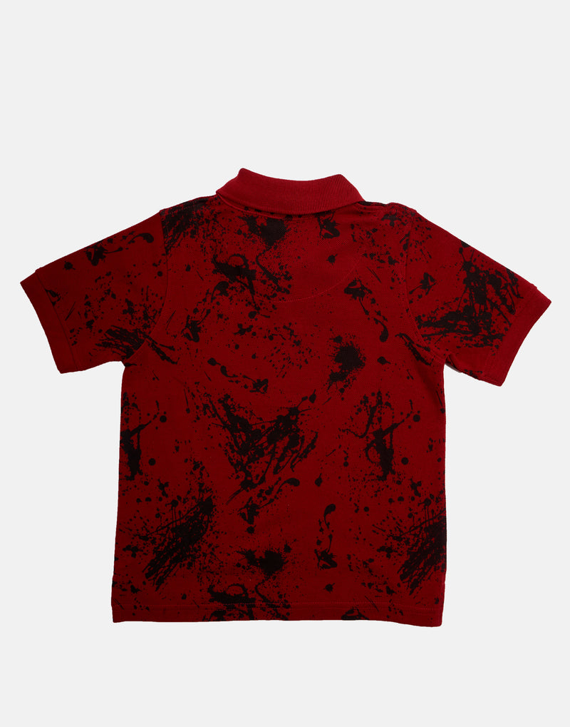 Boys Paint Splat Printed Polo Collar Red T-Shirt