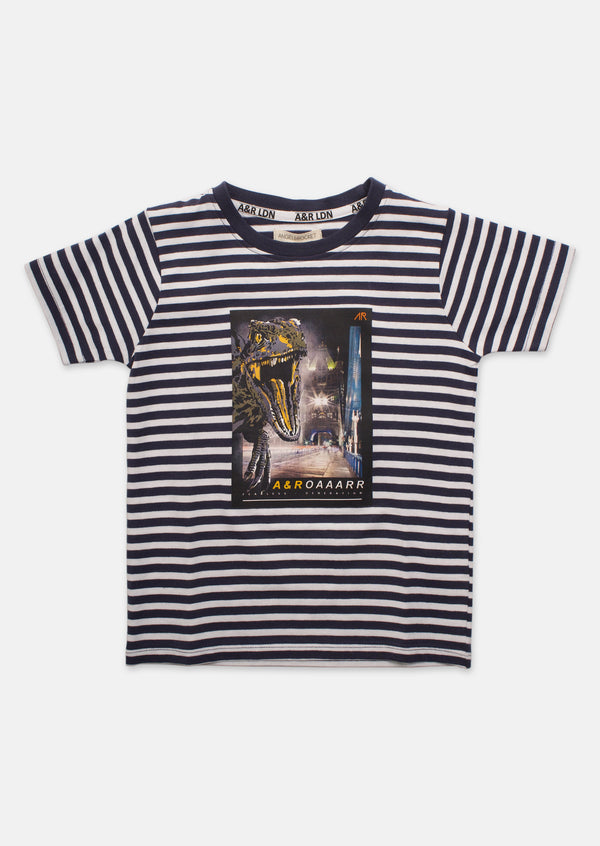 Boys Stripe and Dinosaur Printed Graphic T-Shirt