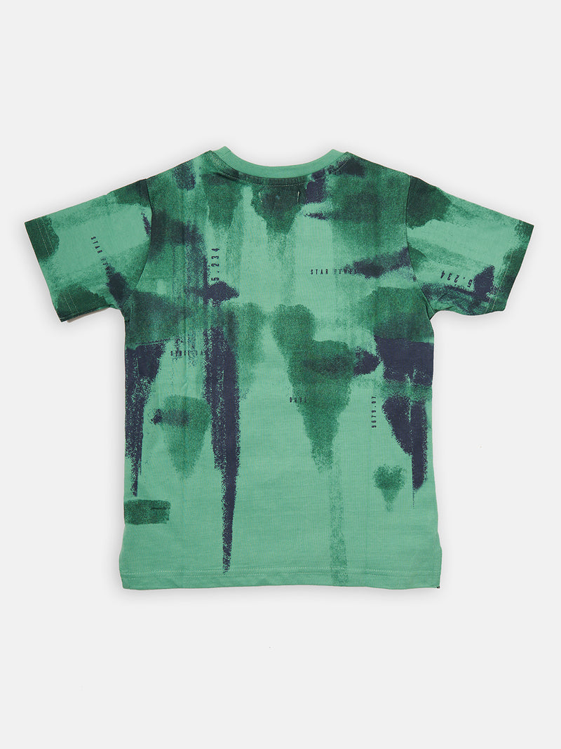 Boys Paint Splat Printed Cotton Green T-Shirt