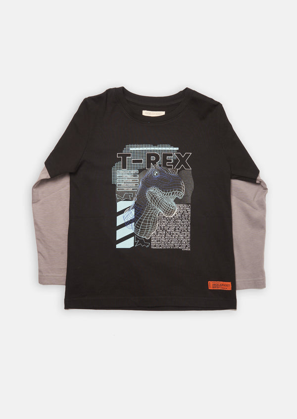 Boys Black Dinosaur Printed Graphic T-Shirt