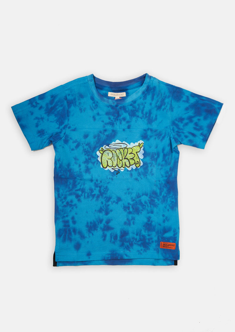 Boys Blue Tie Dye Graffiti Printed Round Neck T-Shirt