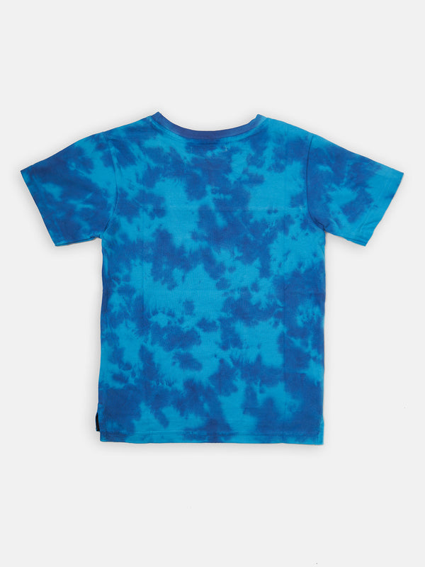 Boys Blue Tie Dye Graffiti Printed Round Neck T-Shirt