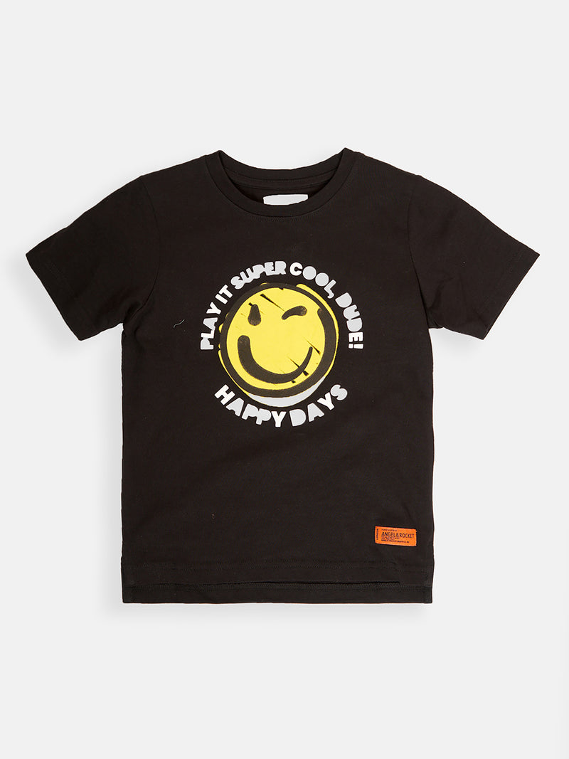 Boys Smiley Face Printed Black T-Shirt