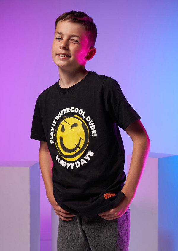 Boys Smiley Face Printed Black T-Shirt