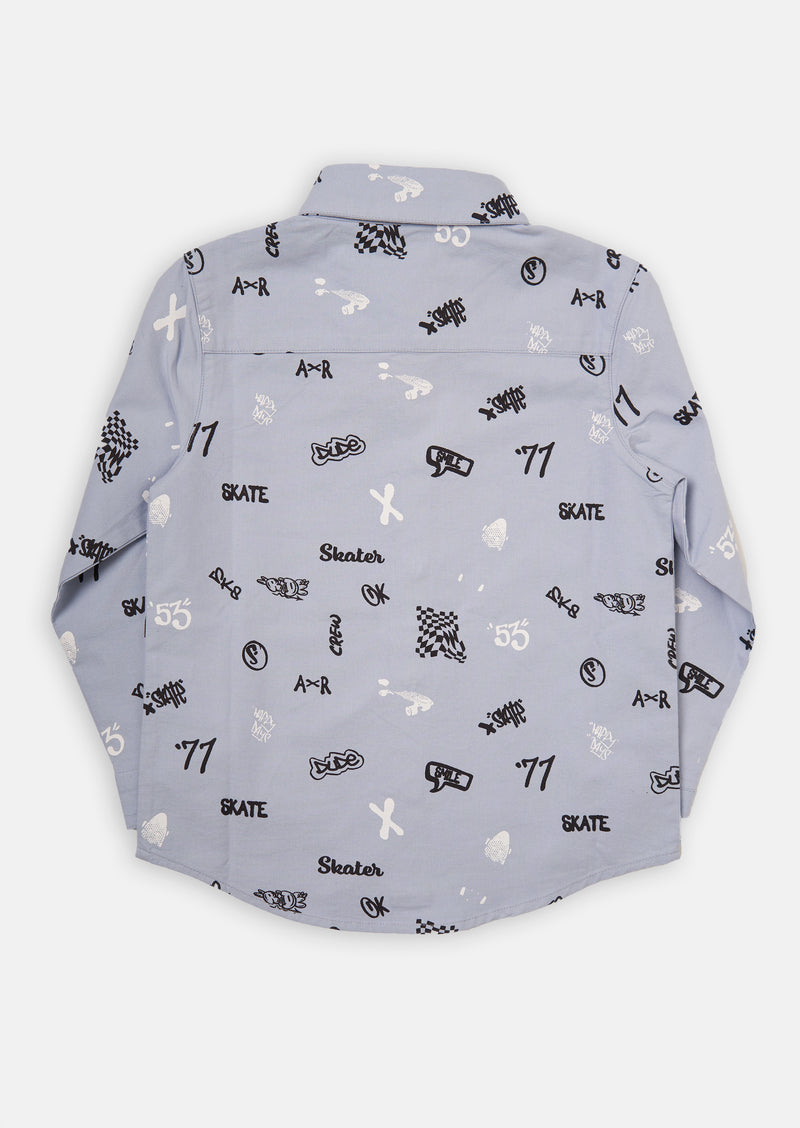Boys Skater Printed Full Sleeve Cotton Blue Smart Shirt