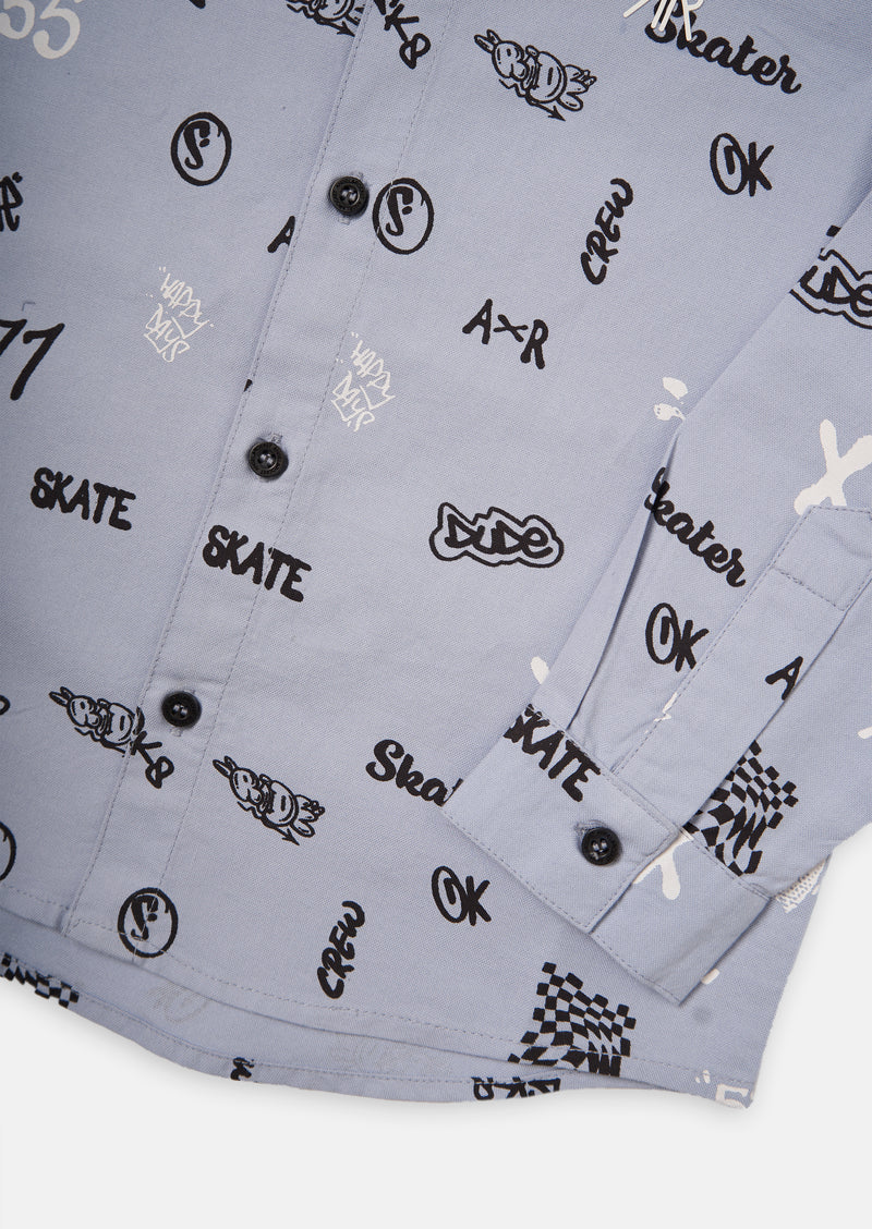 Boys Skater Printed Full Sleeve Cotton Blue Smart Shirt