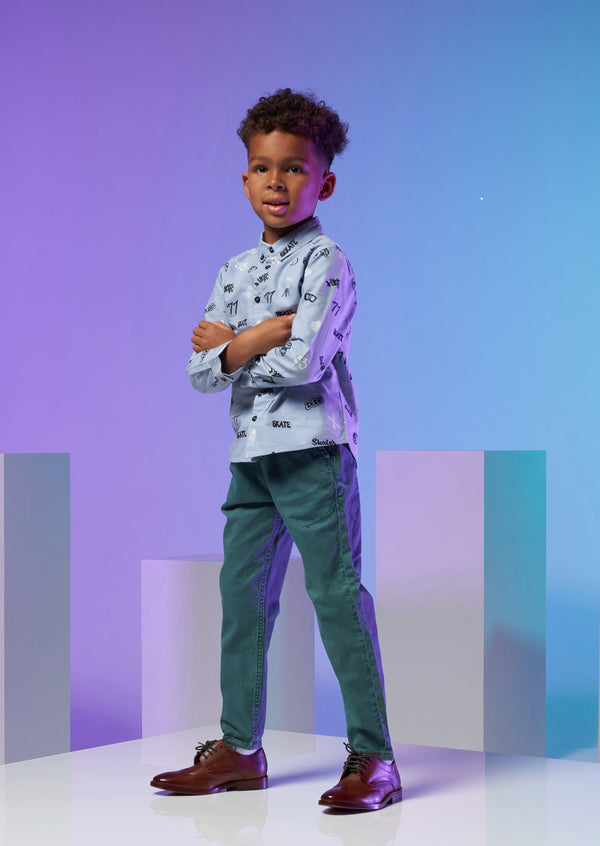 Boys Skater Printed Full Sleeve Cotton Blue Smart Shirt