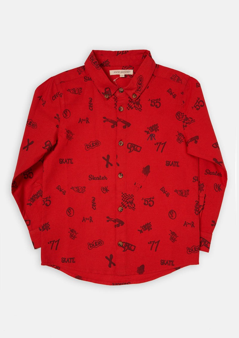 Boys Skater Printed Full Sleeve Cotton Red Smart Shirt