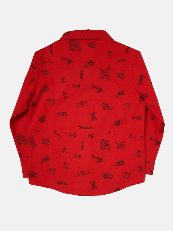Boys Skater Printed Full Sleeve Cotton Red Smart Shirt