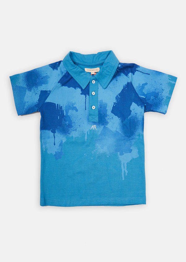 Boys Paint Splat Printed Polo Collar Blue T-Shirt