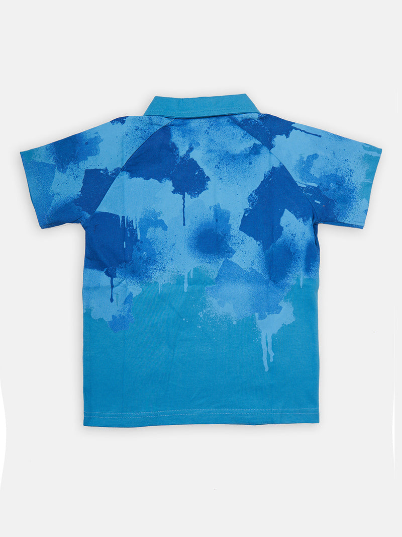 Boys Paint Splat Printed Polo Collar Blue T-Shirt