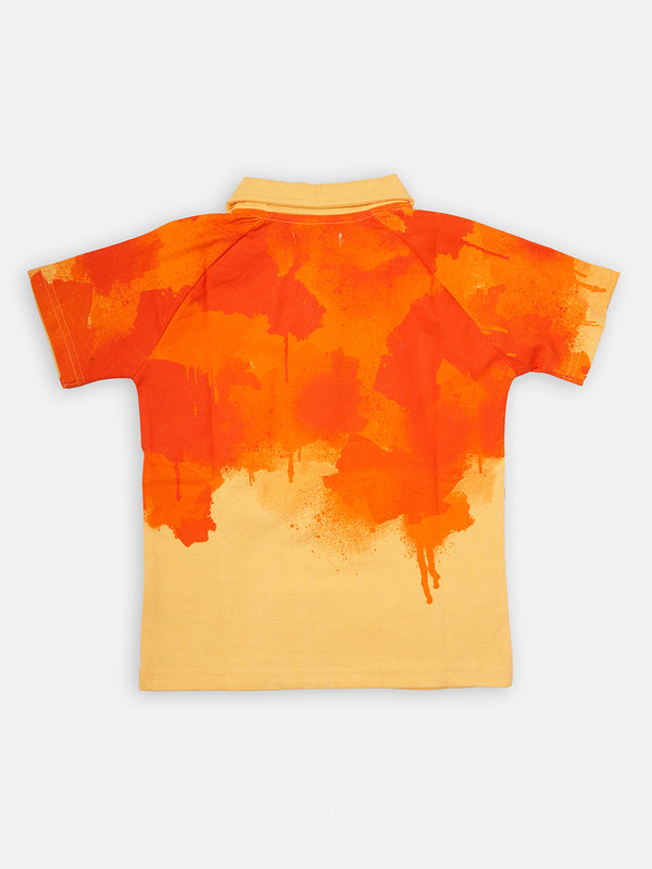 Boys Paint Splat Printed Polo Collar Orange T-Shirt