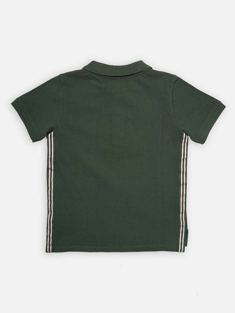 Boys Green Sude Stripe Polo Collar Cotton T-Shirt