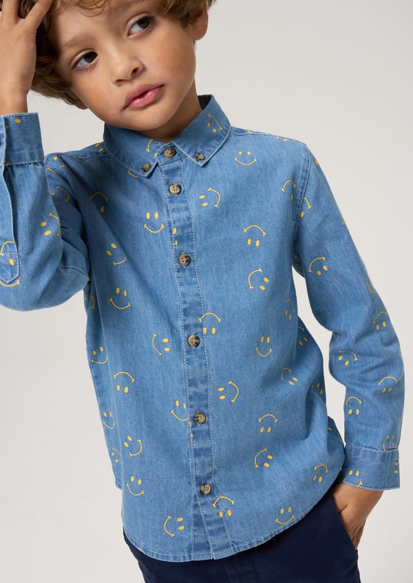 Boys Smile Printed Full Sleeve Denim Blue Shirt