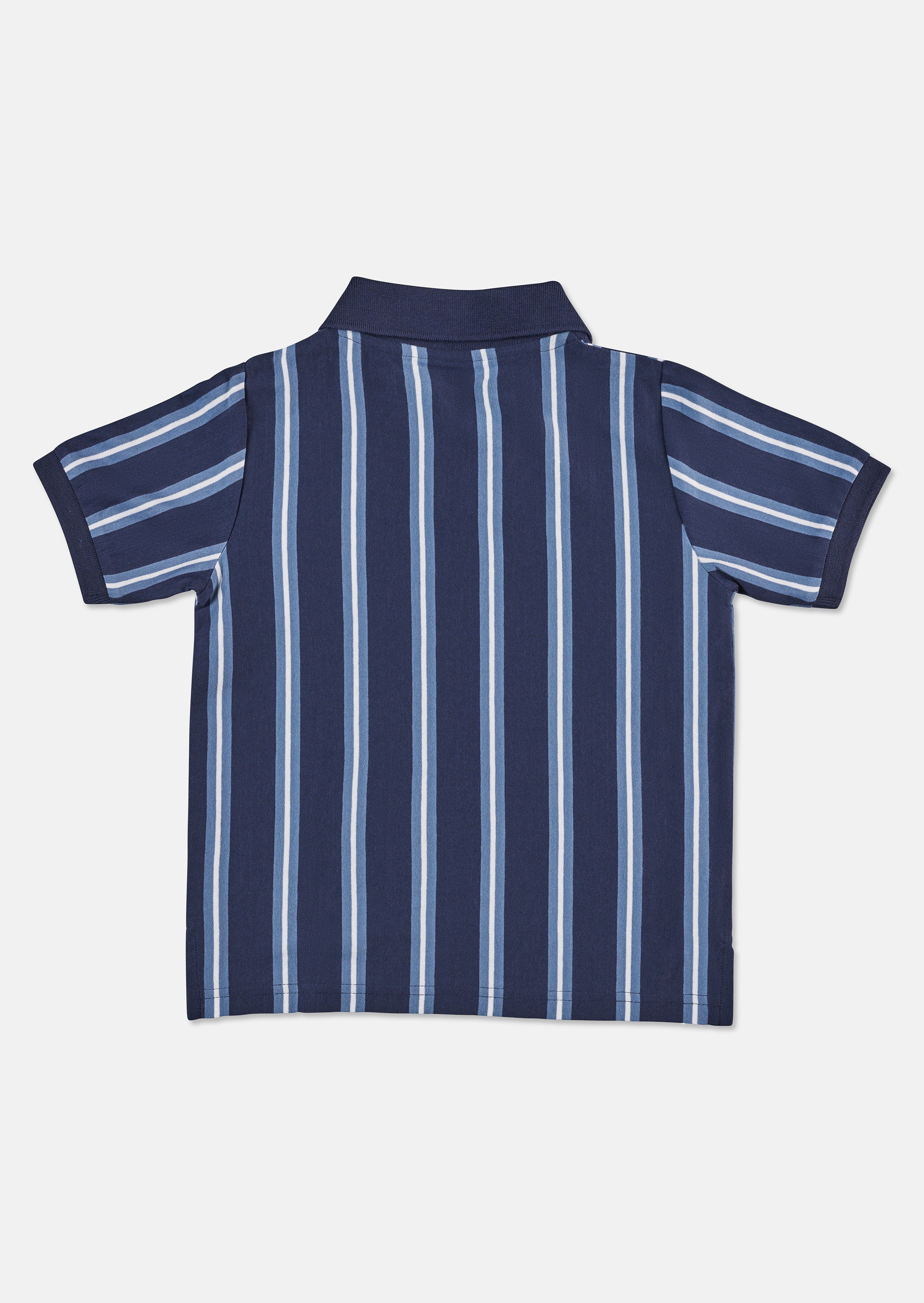 Boys Navy Striped Polo Collar Cotton T-Shirt