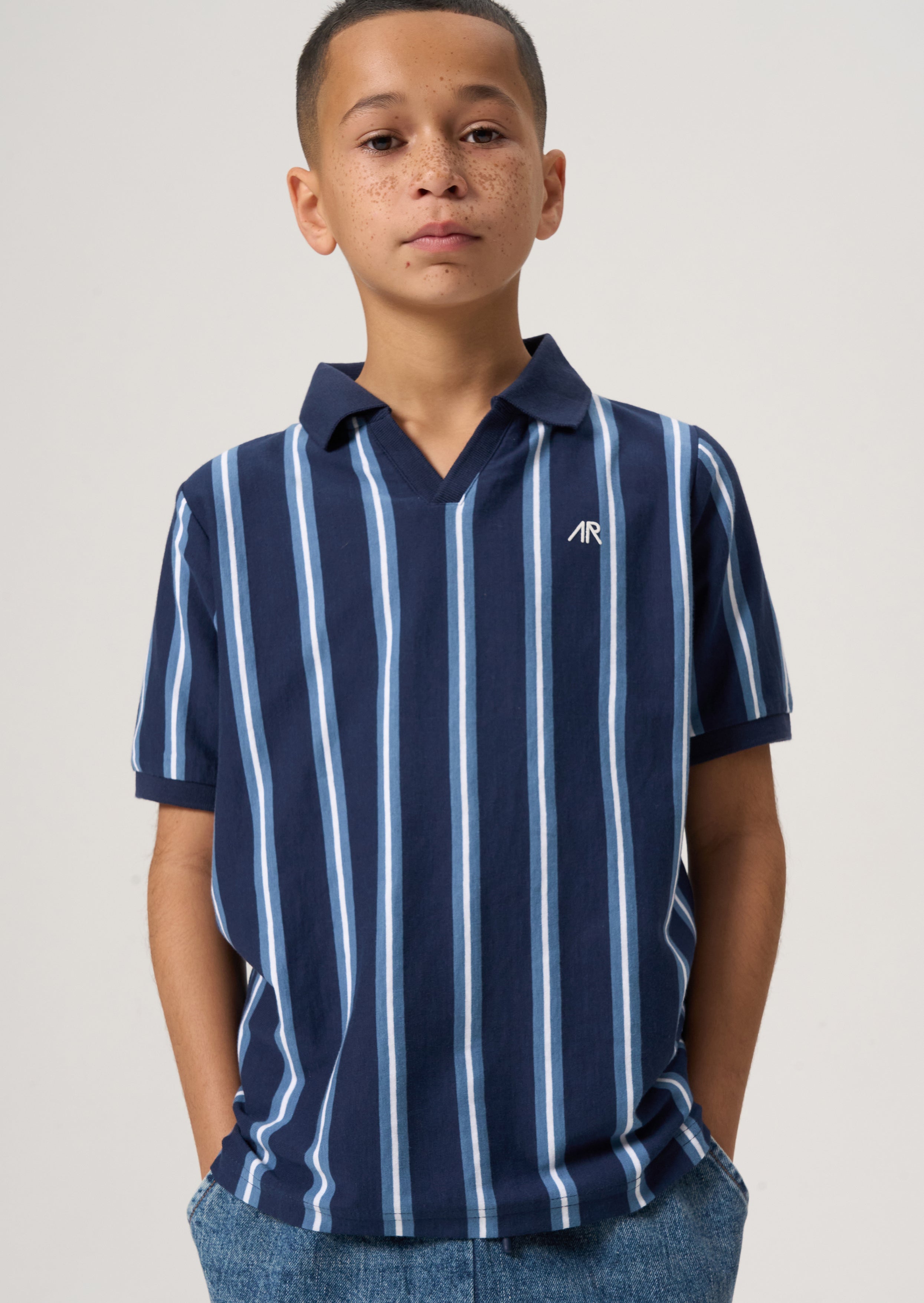 Boys Navy Striped Polo Collar Cotton T-Shirt